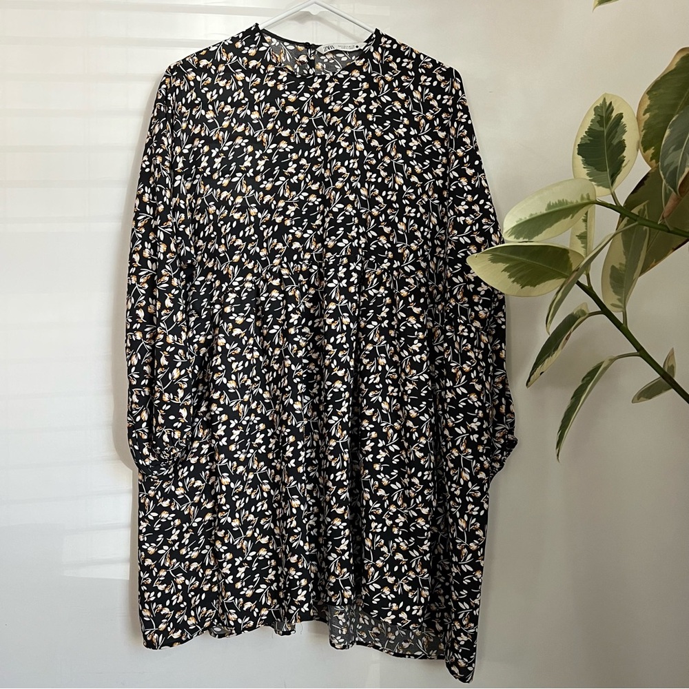 Zara Black Cream Yellow Floral Print Mini Babydoll Flounce Smock Dress S